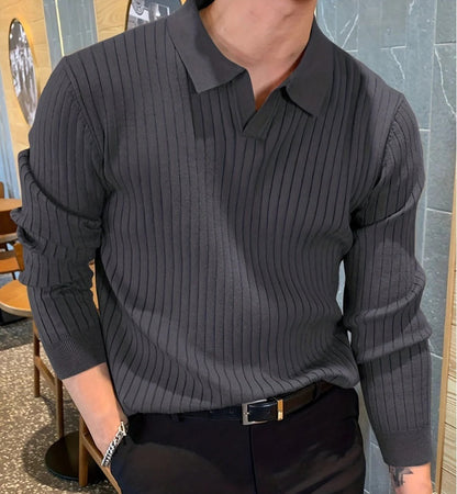 Textured Long Sleeve Polo Shirt - Slim Fit Ribbed Knit Polyester