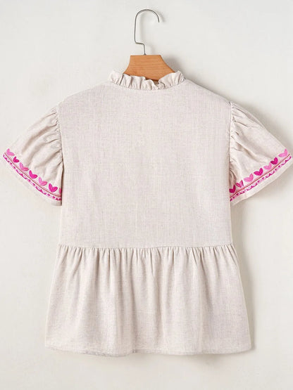 Floral Embroidered Short Sleeve Notched Blouse
