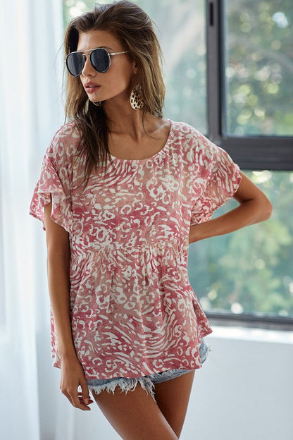 BiBi Leopard Print Gauze Woven Flutter Sleeve Blouse