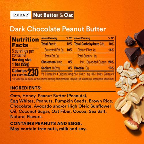 Rxbar Nut Butter And Oat Protein Bars, Protein Snacks, Snack Bars, Dark Chocolate Peanut Butter, 9.7Oz Box (5 Bars)