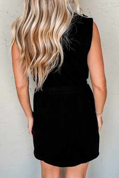French Terry Zipped Collar Sleeveless Drawstring Waist Mini Dress