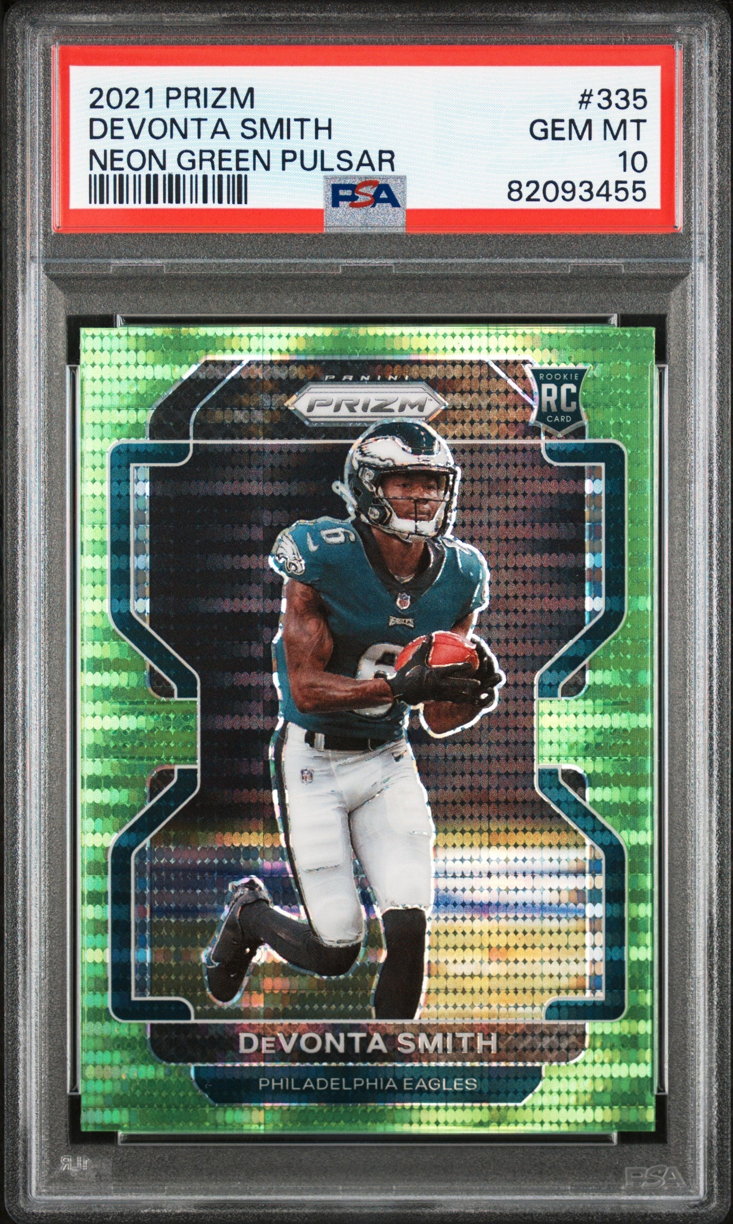 Graded 2021 Panini Prizm Devonta Smith #335 Neon Green Pulsar Rookie RC Football Card PSA 10