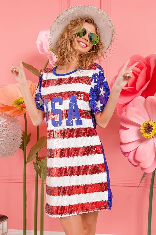 BiBi American Flag Theme Usa Print Sequin Dress