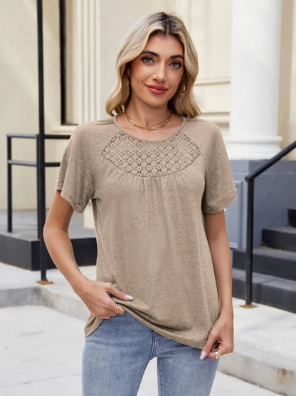 Lace Detail Round Neck Short Sleeve Blouse