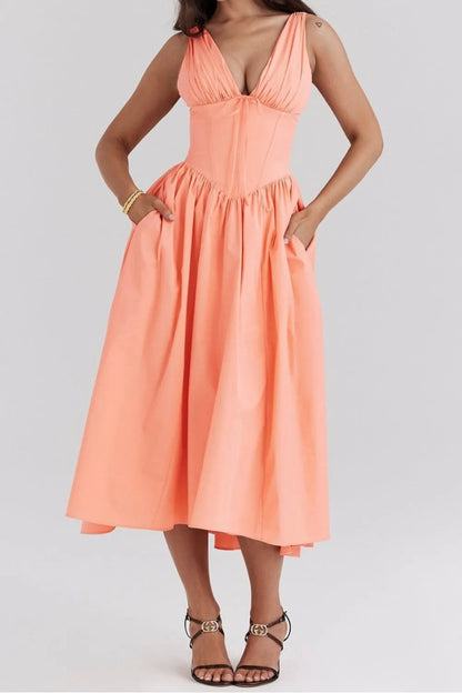 Ruched V-Neck Sleeveless Dress with Pockets