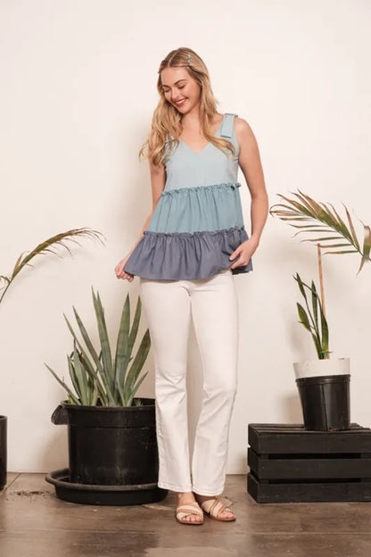 Lime 'N' Chili Full Size Color Block V-Neck Baby Doll Sleeveless Top Plus Size