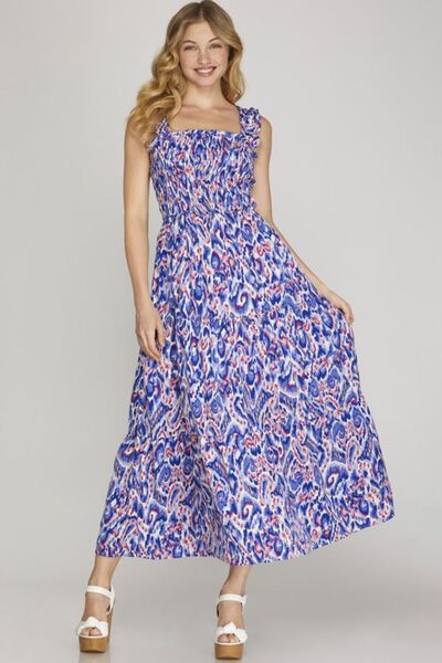 She Sky Full Size Smocked Printed Wide Strap Tiered Dress Plus Size