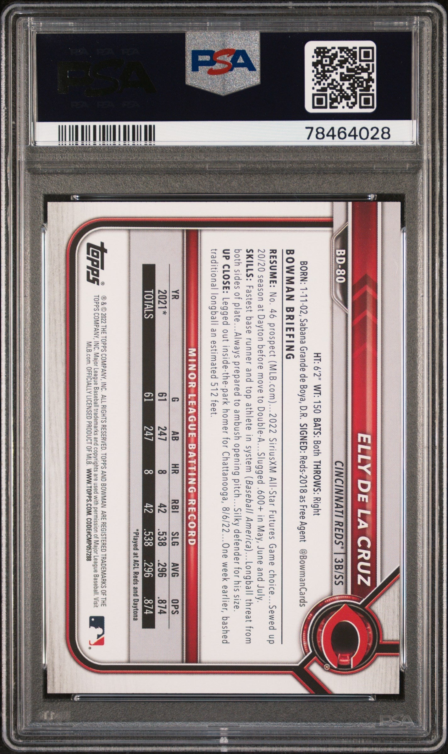 Graded 2022 Topps Bowman Draft Elly De La Cruz #BD80 Rookie RC Baseball Card PSA 10 Gem Mint