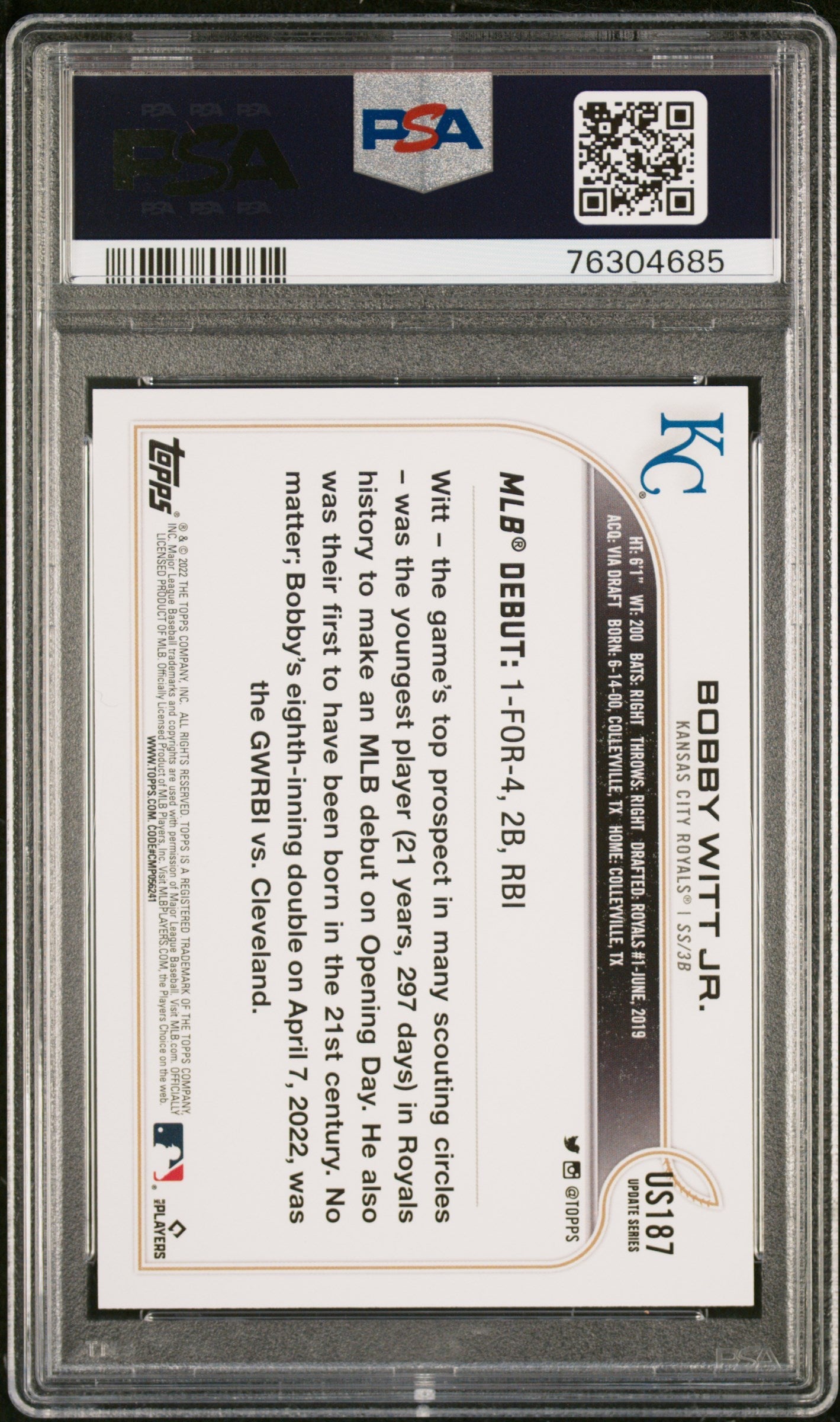 Graded 2022 Topps Update Bobby Witt Jr. #US187 Rookie RC Baseball Card PSA 10 Gem Mint