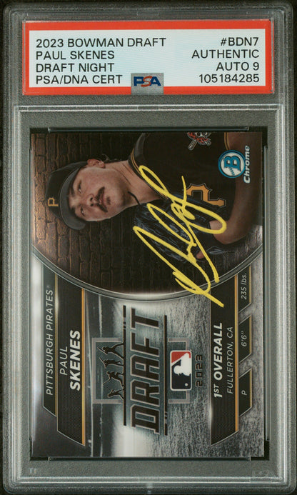Graded 2023 Topps Bowman Draft Paul Skenes #BDN7 Draft Night Rookie RC Baseball Card PSA 9 Auto Grade Mint