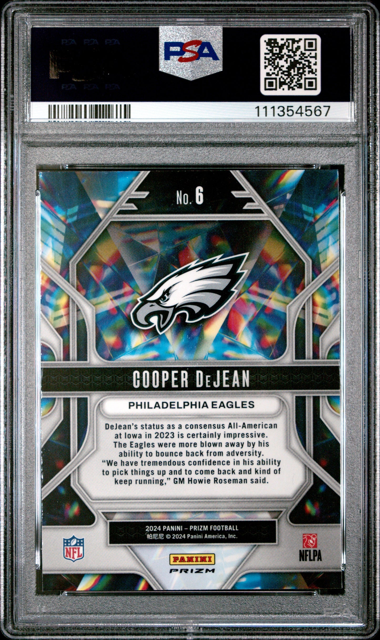Graded 2024 Panini Prizm Cooper DeJean #6 Prizmatic Green Ice Rookie RC Football Card PSA 10 Gem Mint
