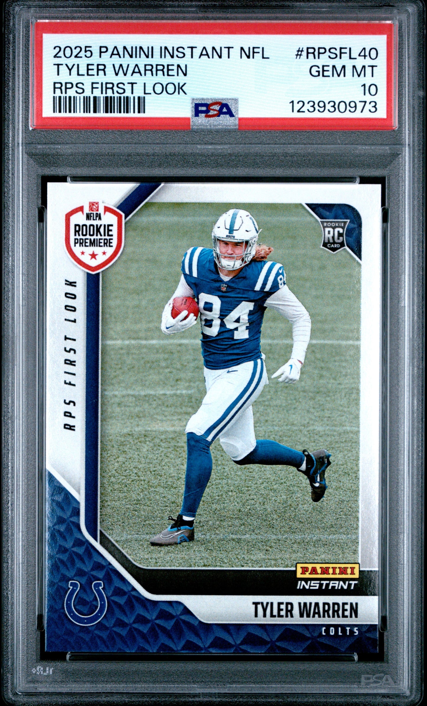 Graded 2025 Panini Instant Tyler Warren #RPSFL40 RPS First Look Rookie RC Football Card PSA 10 Gem Mint