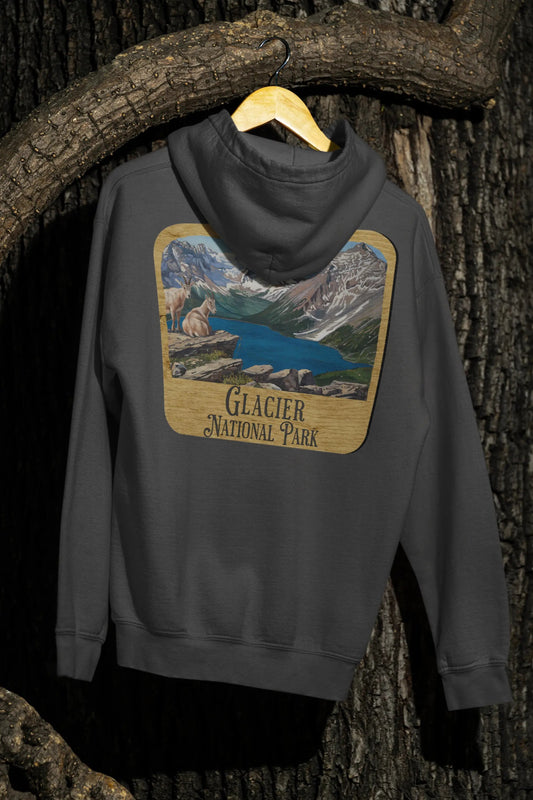 Glacier National Park Unisex Fit Fleece Hoodie Scenic Mountain Goat View Graphic Wooden Sign