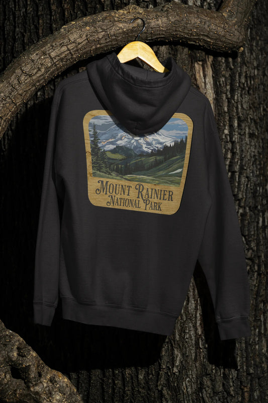 Mount Rainier National Park Fleece Hoodie Unisex Fit Scenic Wooden Mountain Sign