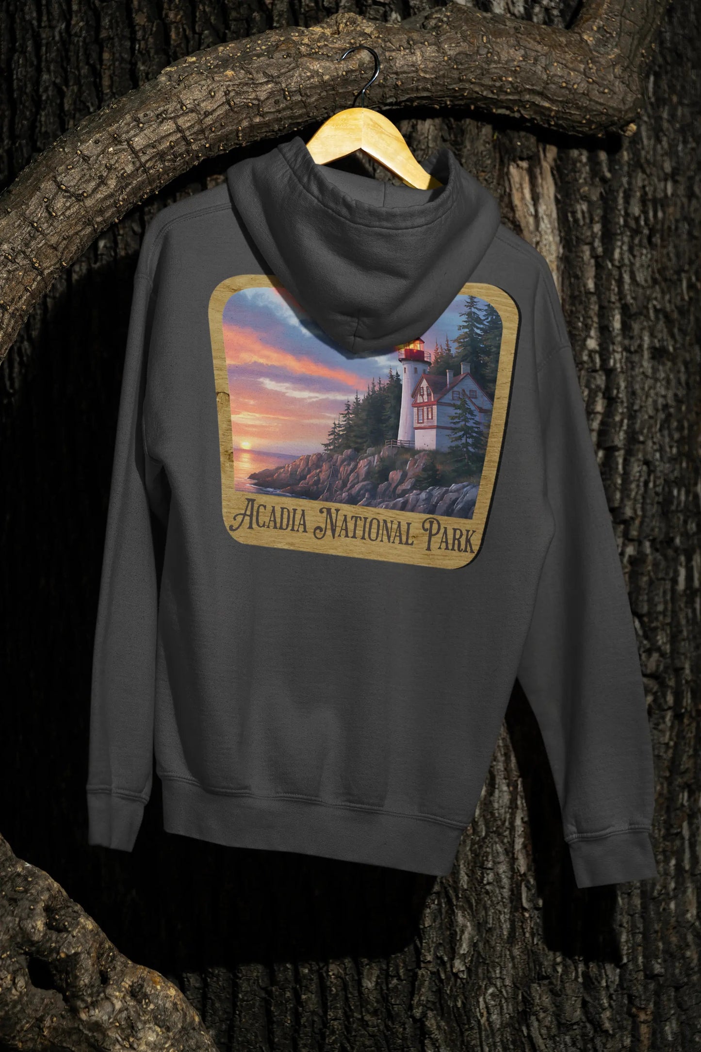 Acadia National Park Fleece Hoodie Scenic Coastal Graphic Wooden Mountain Sign