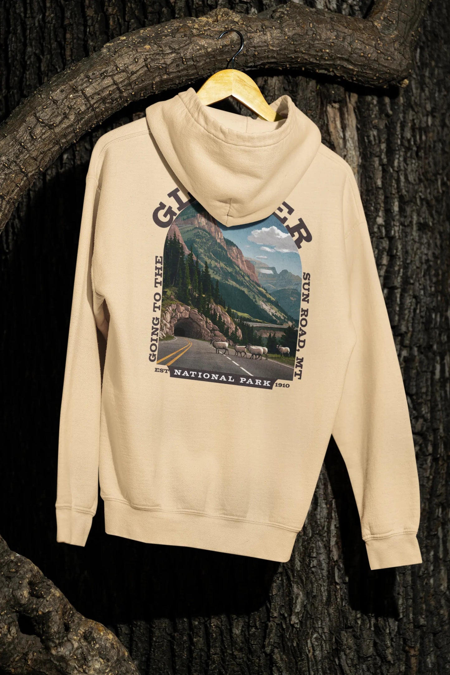 Glacier National Park Unisex Fit Fleece Hoodie Scenic Going to The Sun Road Big Horned Sheep
