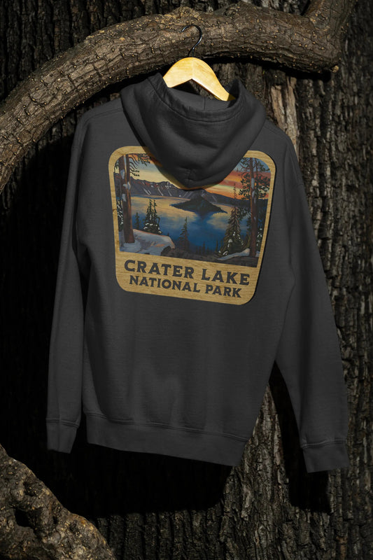 Crater Lake National Park Unisex Fit Fleece Hoodie Scenic View Graphic Wooden Mountain Sign