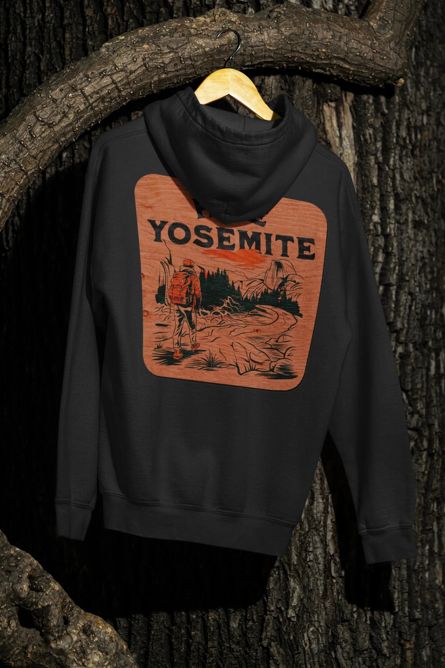 Hike Yosemite National Park Unisex Fit Fleece Hoodie Wooden Mountain Sign
