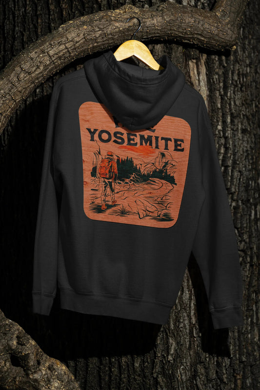 Hike Yosemite National Park Unisex Fit Fleece Hoodie Wooden Mountain Sign