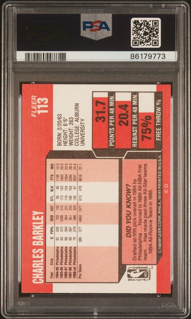 Graded 1989 Fleer Charles Barkley #113 Basketball Card PSA 9 Mint