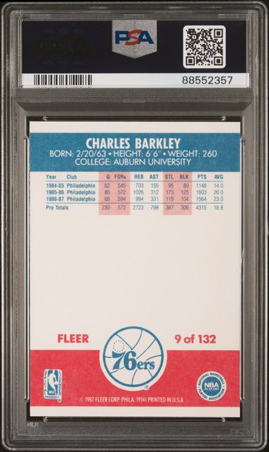 Graded 1987 Fleer Charles Barkley #9 2nd Year Basketball Card PSA 8 NM-MT