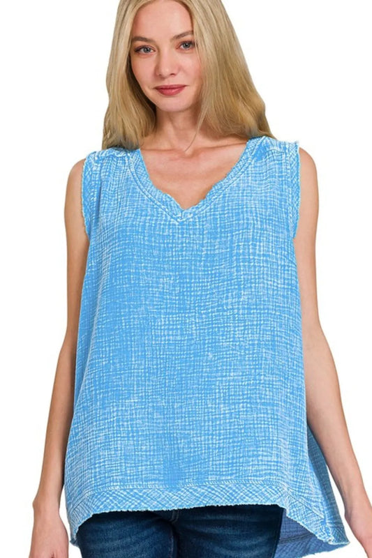 Zenana Double Gauze Raw Edge Acid Washed Tank
