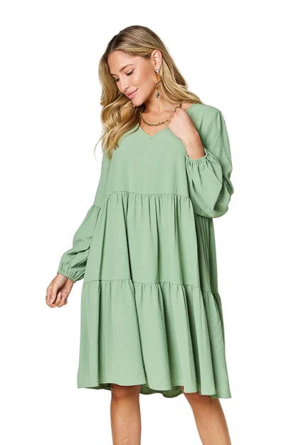 Full-Size V-Neck Balloon Sleeve Tiered Dress with Pockets