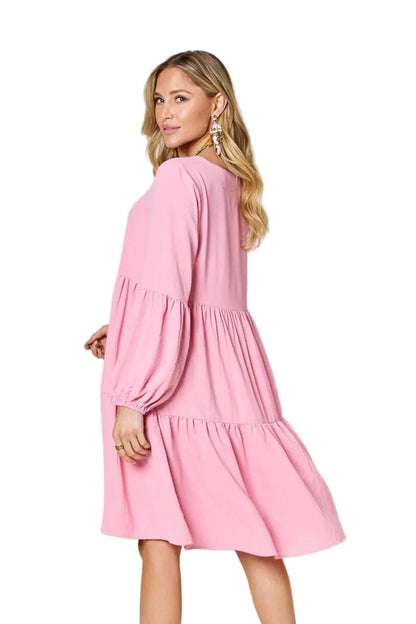 Full-Size V-Neck Balloon Sleeve Tiered Dress with Pockets
