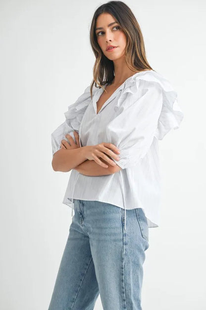 MABLE Stripe Ruffle Shoulder Puff Sleeve Blouse