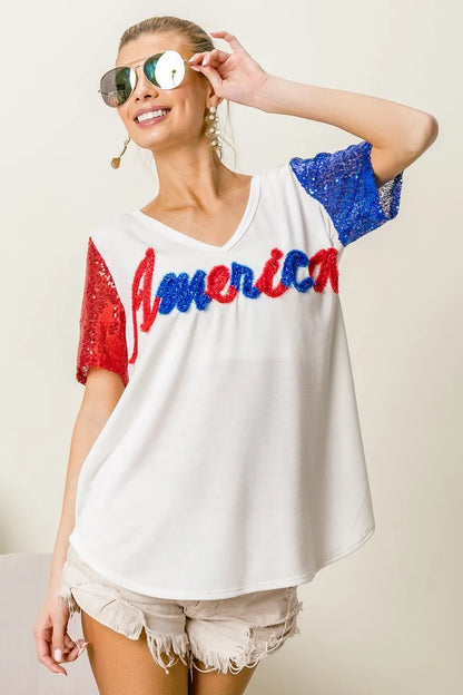 BiBi Metallic Letter V-neck Sequin Sleeves Top