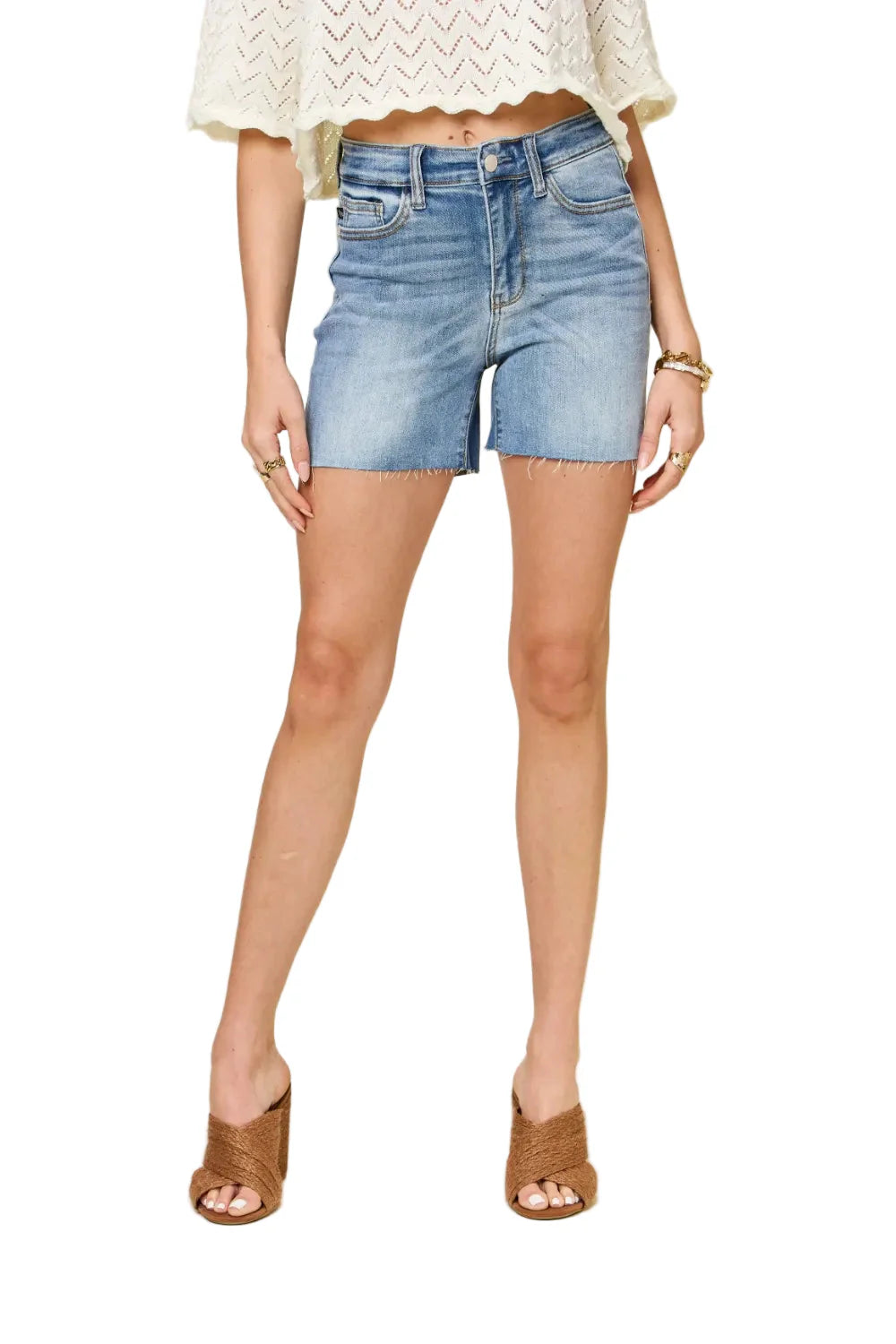 Full Size High Waist Raw Hem Denim Shorts