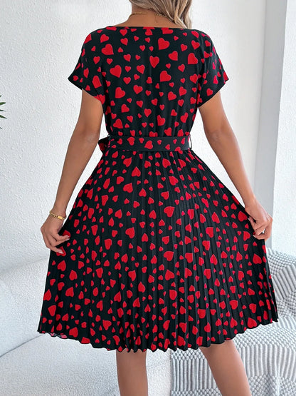 Heart Print Short Sleeve Tie Waist Dress