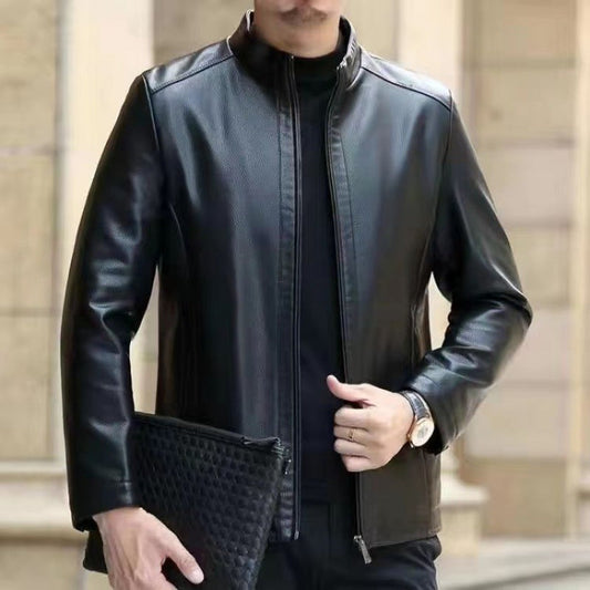 Men's Genuine Horse Leather Stand Collar Jacket - Black/Brown