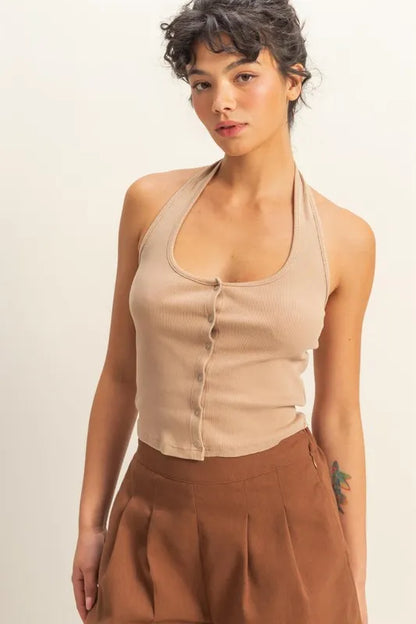 HYFVE Halter Neck Buttoned Washed Top