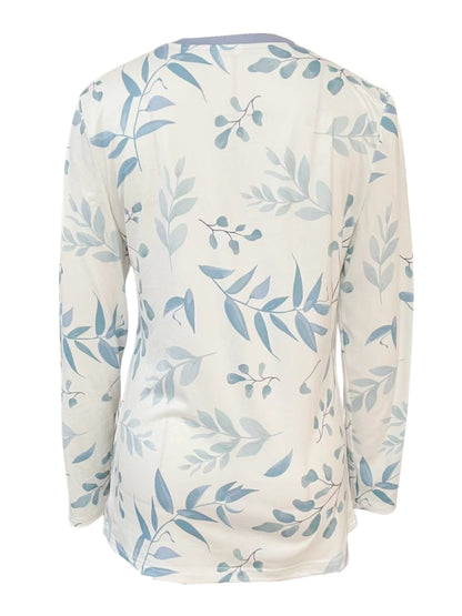 Botanical Leaf Print Button Front Long Sleeve Tee - Blue White