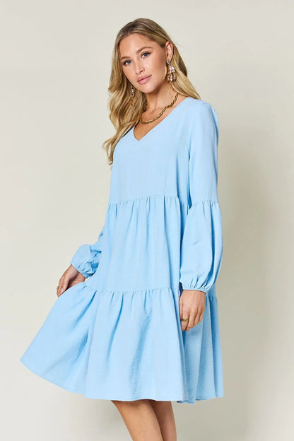 Full-Size V-Neck Balloon Sleeve Tiered Dress with Pockets