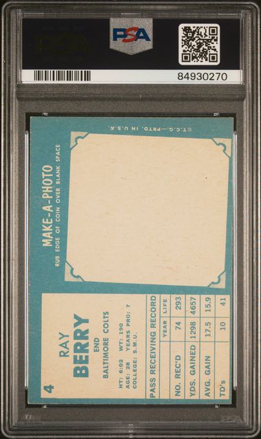 Graded 1961 Topps Raymond Ray Berry #4 Football Card PSA 8 NM-MT