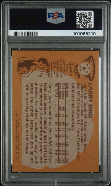 Graded 1981 Topps Larry Bird #4 2nd Year Basketball Card PSA 6 EX-MT