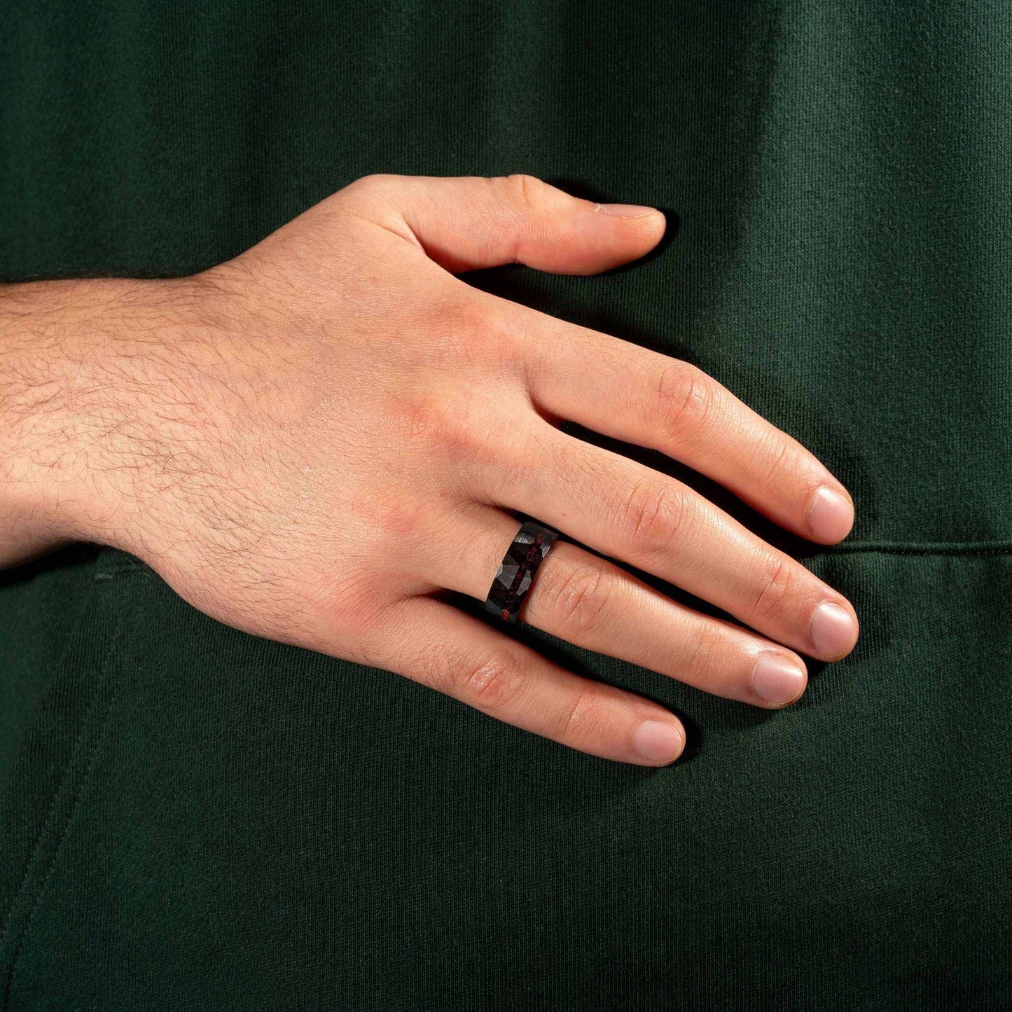 Black Hammered Tungsten Red Opal Wedding Ring