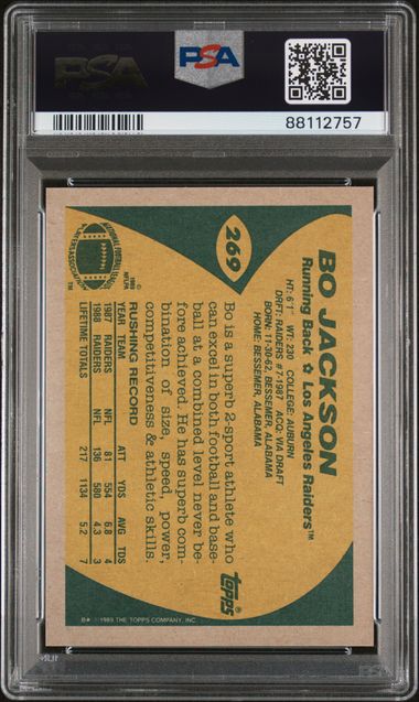 Graded 1989 Topps Bo Jackson #269 2nd Year Football Card PSA 10 Gem Mint