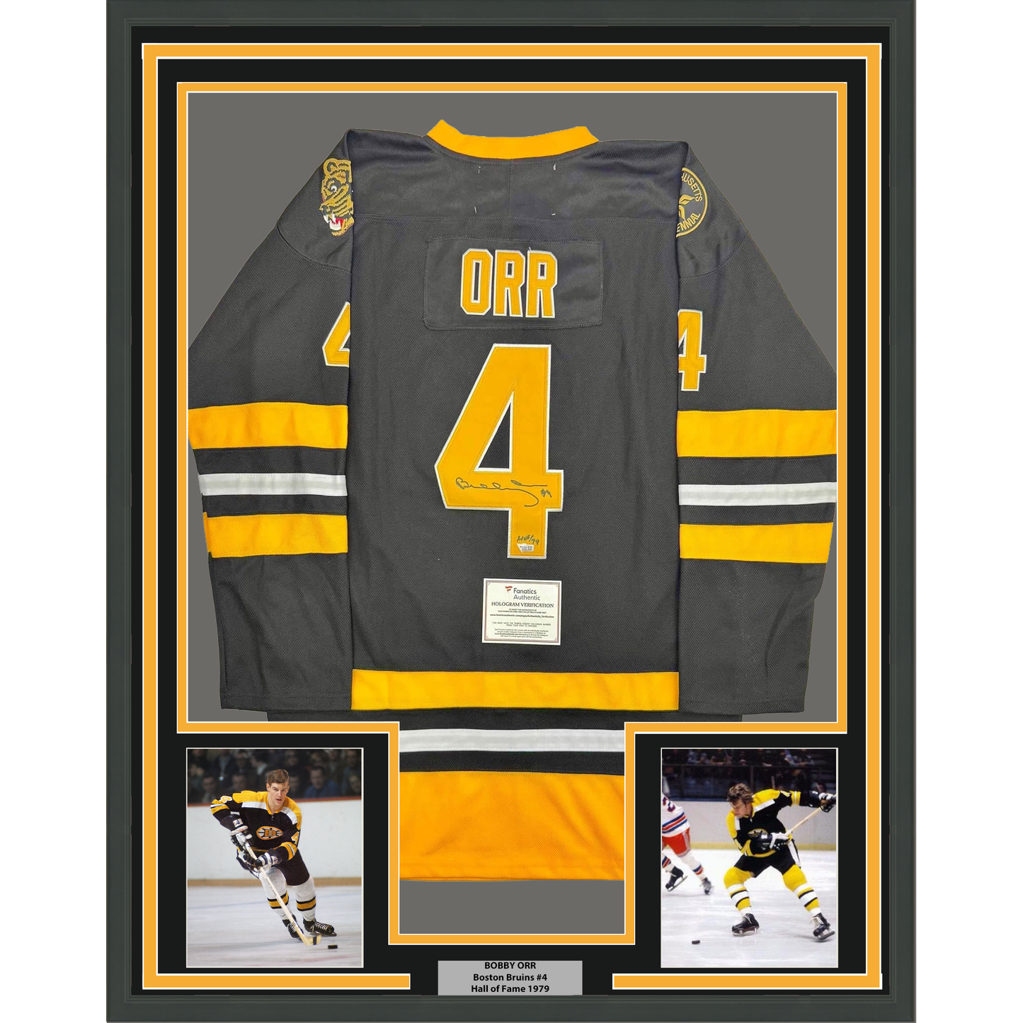 Framed Autographed/Signed Bobby Orr 35x39 "HOF 79" Boston Bruins Black Hockey Jersey Fanatics COA