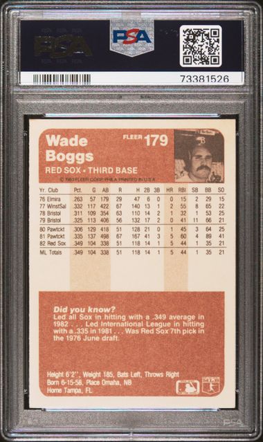 Graded 1983 Fleer Wade Boggs #179 Rookie RC Baseball Card PSA 8 NM-MT
