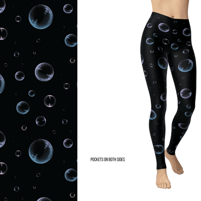 Black Bubble Leggings with Pockets – 3D Realistic Bubble Print  – Deep Space Aesthetic