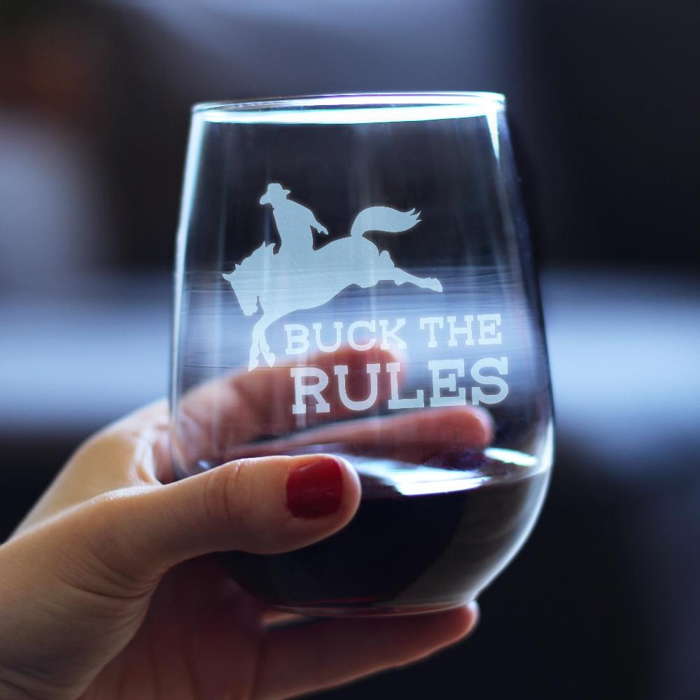Buck the Rules - Funny Horse Stemless Wine Glass for Women & Men - Cute Funny Bday Glasses for Lovers of Horses
