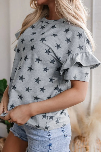 Star Print Tiered Ruffled Sleeve Crew Neck T Shirt