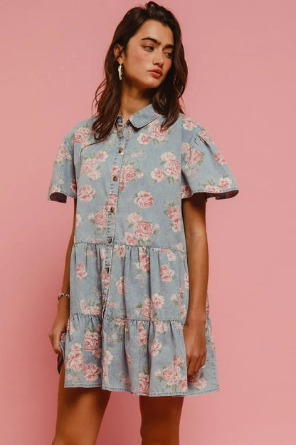 BiBi Floral Print Washed Lightweight Tiered Shirt Dress