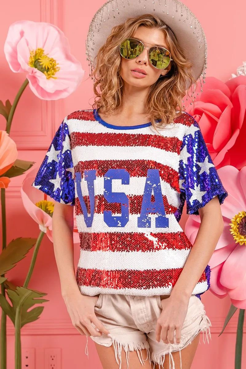BiBi American Flag Theme USA Lettering Sequin Top