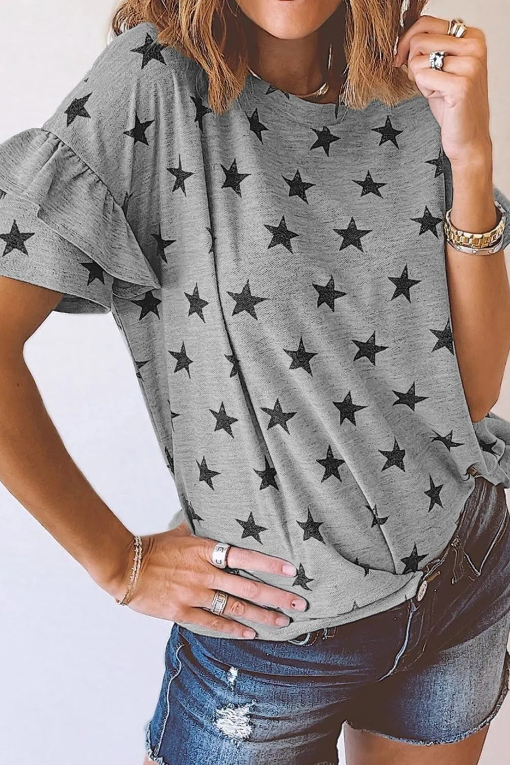 Star Print Tiered Ruffled Sleeve Crew Neck T Shirt