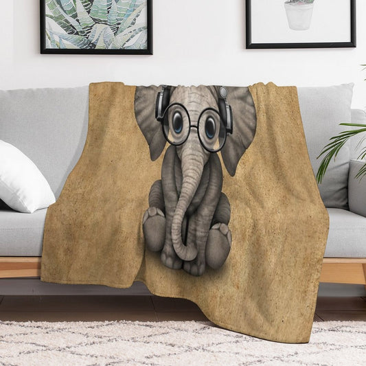 Cute Baby Elephant Dj Wearing Headphones And Glasses Throw Blanket