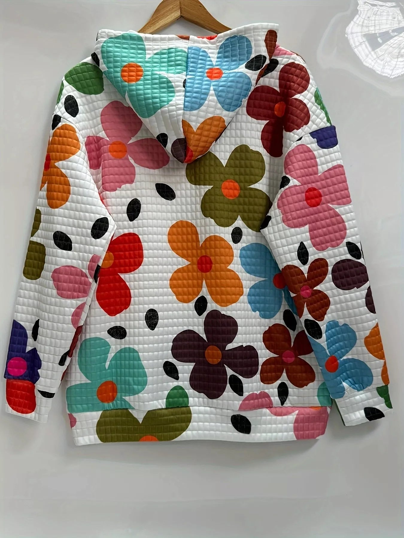 Floral Print Textured Drawstring Hoodie